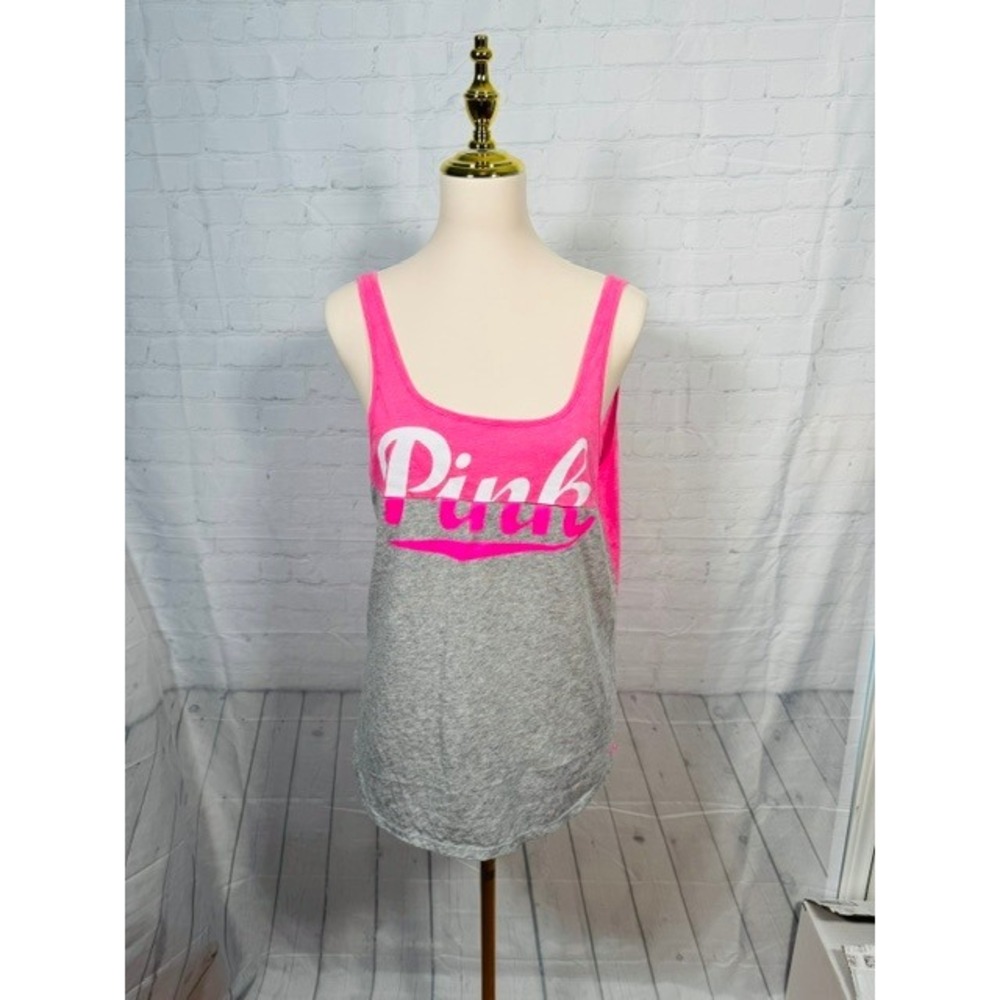 NWOT Victoria's Secret PINK Colorblock Logo Tank Top Pink Gray M